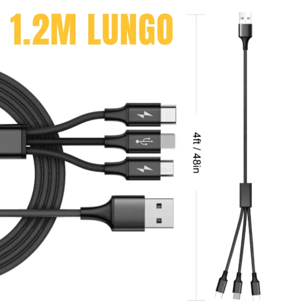 3-in-1 Nylon Braided 4FT 3A Charging Cable (8Pin, Type-C, Micro USB) Black