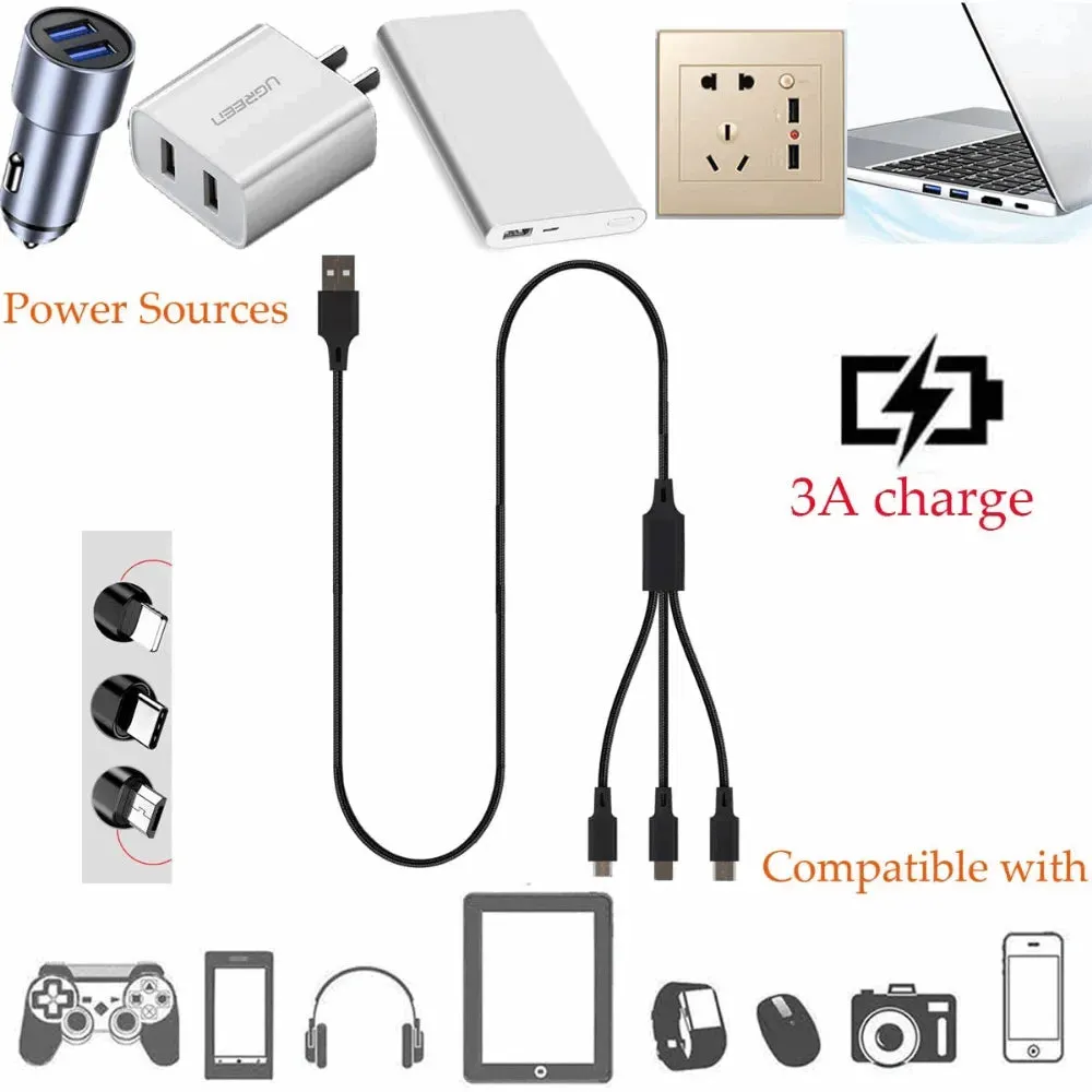 3-in-1 Nylon Braided 4FT 3A Charging Cable (8Pin, Type-C, Micro USB) Black