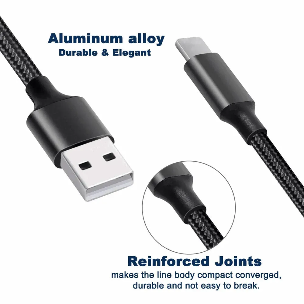 3-in-1 Nylon Braided 4FT 3A Charging Cable (8Pin, Type-C, Micro USB) Black