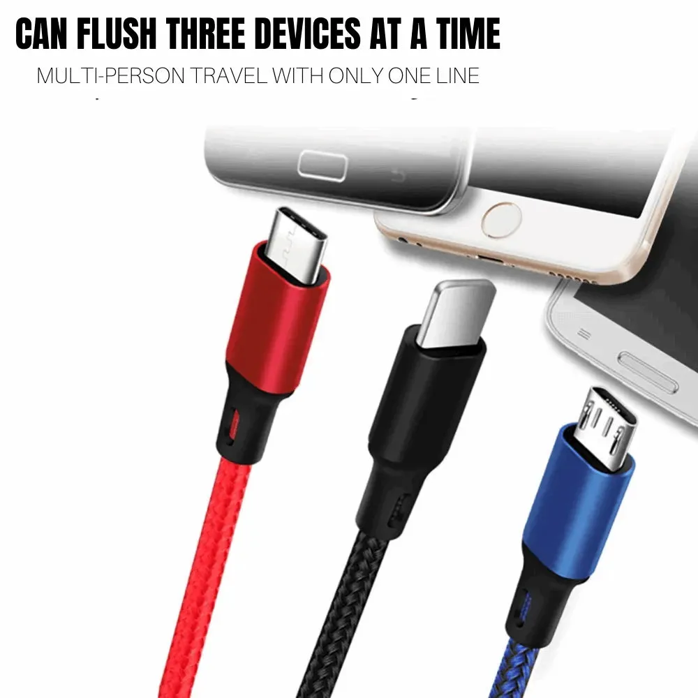 3-in-1 Nylon Braided 4FT 3A Charging Cable (8Pin, Type-C, Micro USB) Black