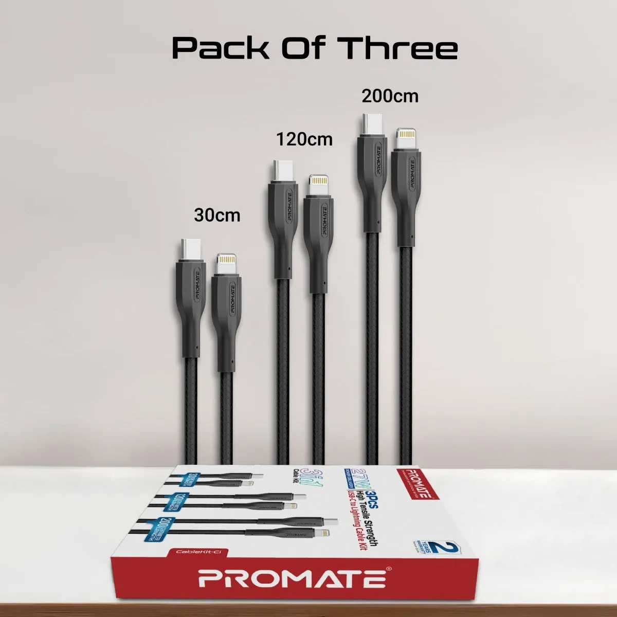 3Pcs High Tensile Strength 27W USB-C to Lightning Cable Kit