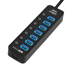 7 Port USB 3.0 Data Hub with Power Adapter - High Speed Sync, On/Off Switches