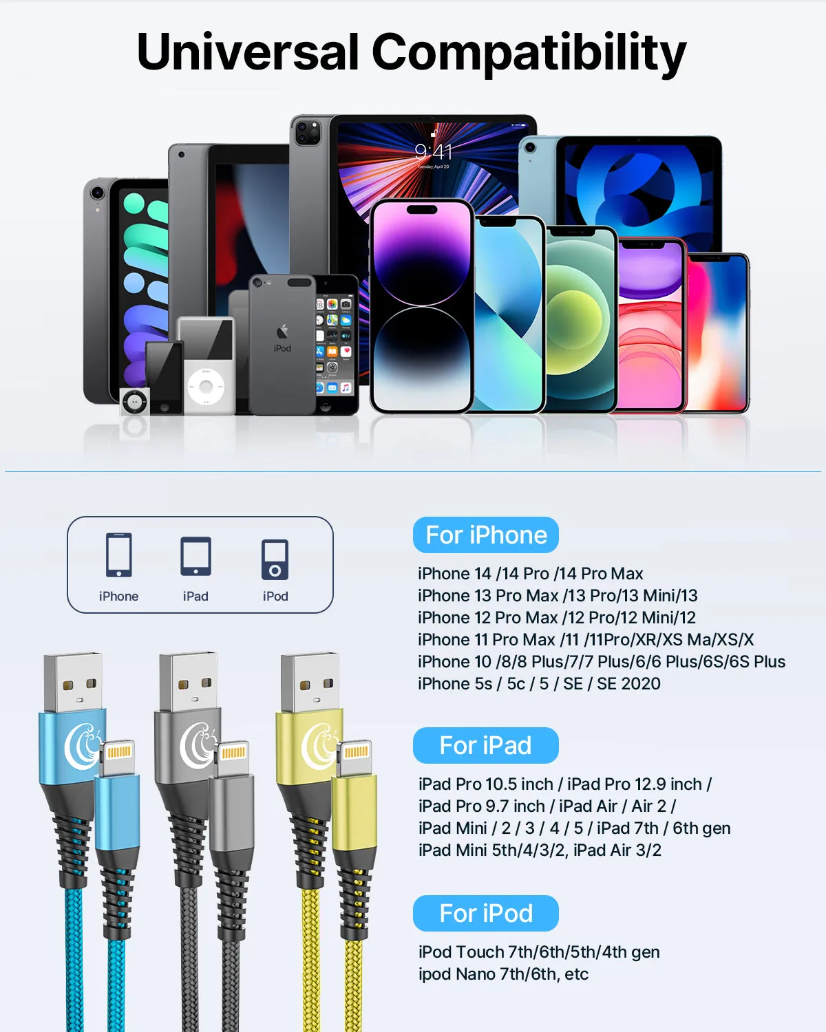 Aioneus iPhone Charger Cable 2M/6FT 3Pack-Grey/Gold/Blue