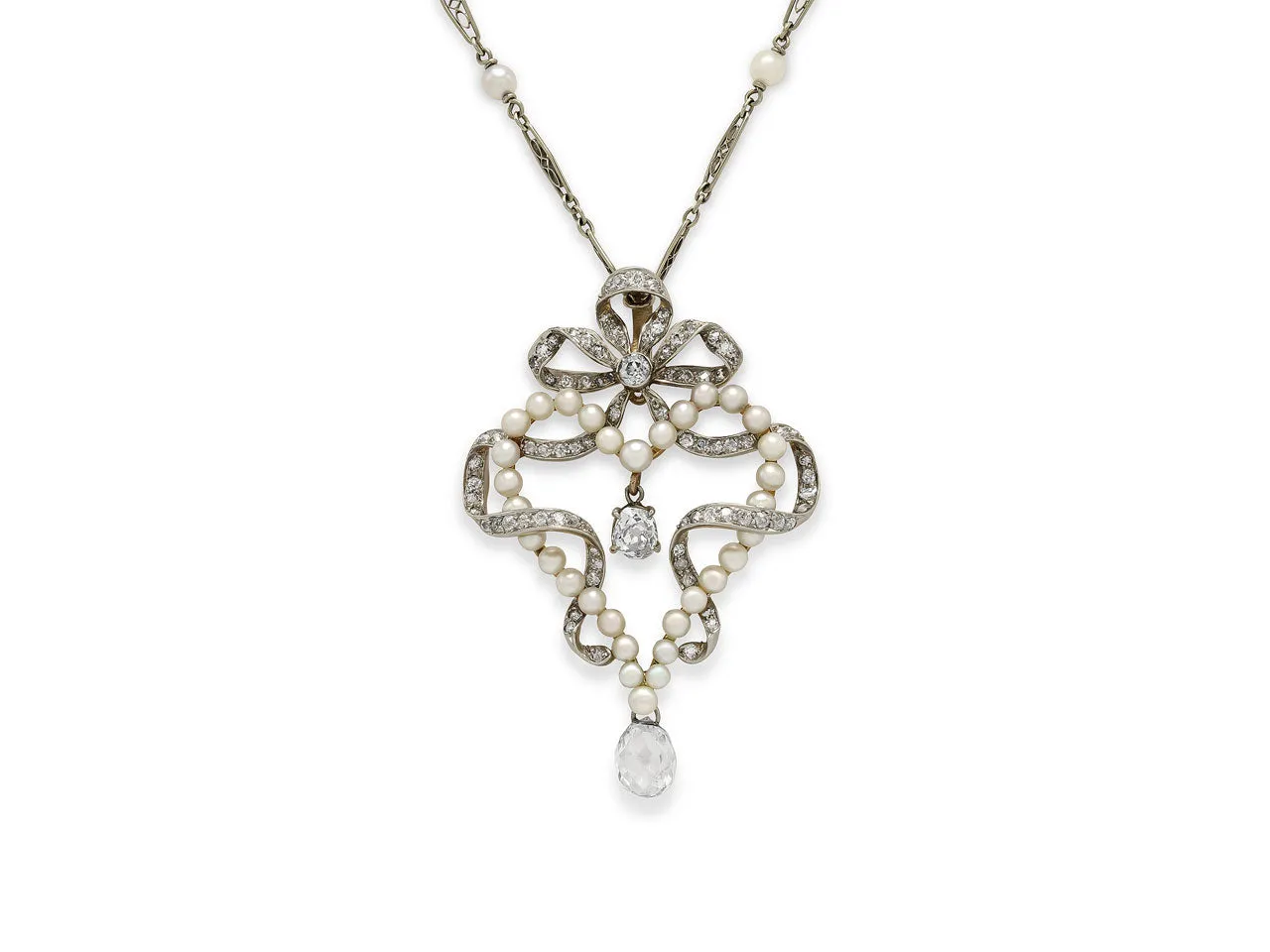 Antique Belle Époque Diamond and Pearl Pendant in Platinum over Gold