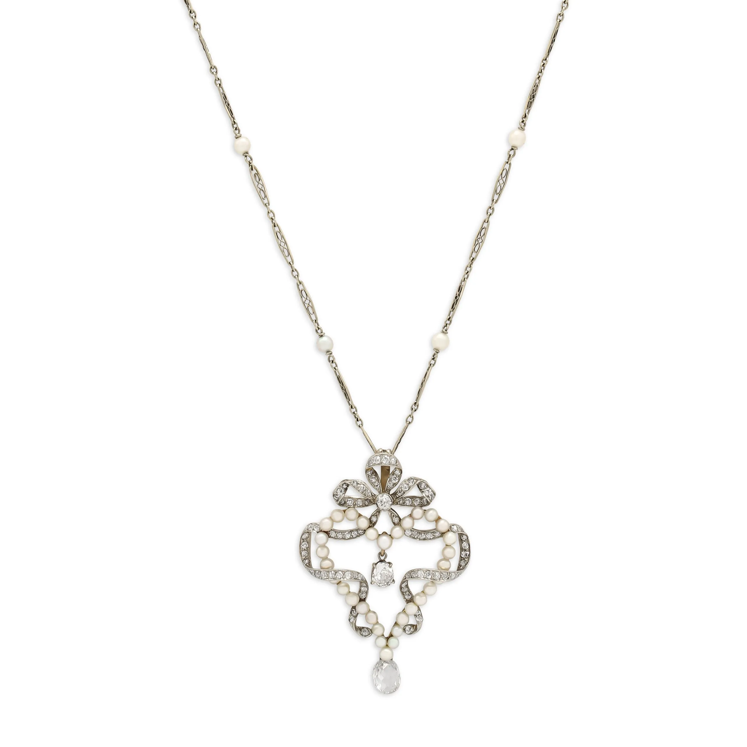 Antique Belle Époque Diamond and Pearl Pendant in Platinum over Gold