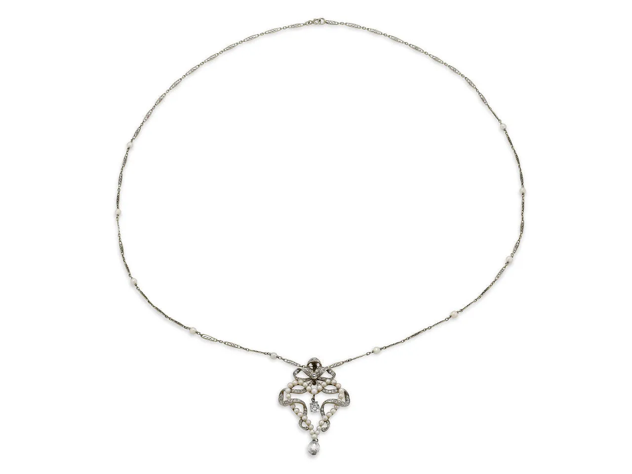 Antique Belle Époque Diamond and Pearl Pendant in Platinum over Gold