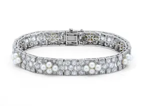 Antique Edwardian Diamond and Natural Pearl Bracelet in Platinum