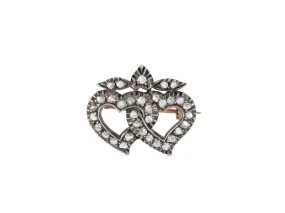 Antique Victorian Diamond Double Heart Pin in Silver over Gold