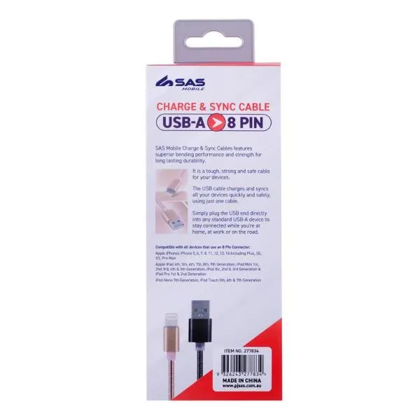 Assorted Charge & Sync USB A To 8 Pin Metal Cable - 100cm