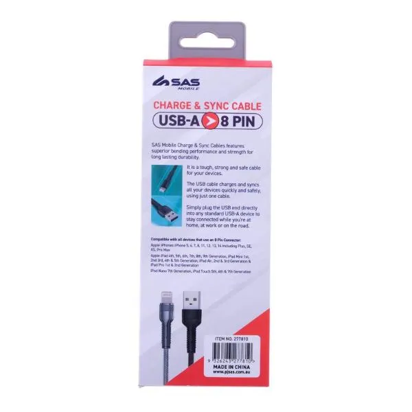 Assorted Charge & Sync USB A To 8 Pin Polyester Cable - 200cm