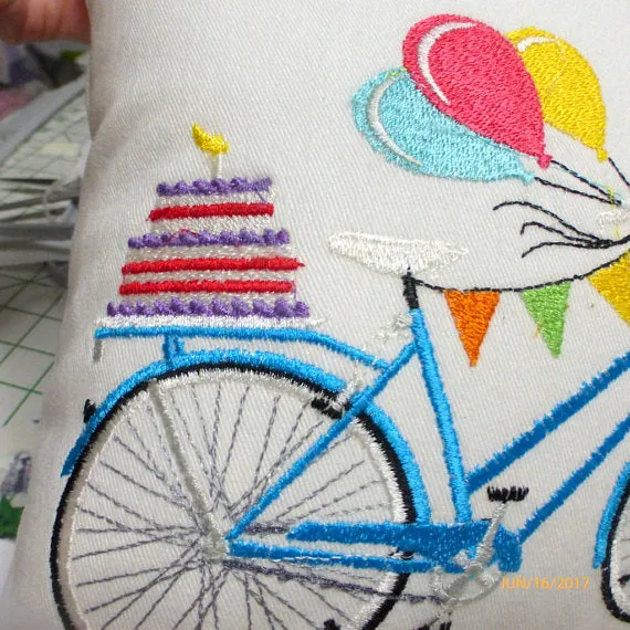 Birthday Bicycle Pillow cover, Embroidered bicycle pillow