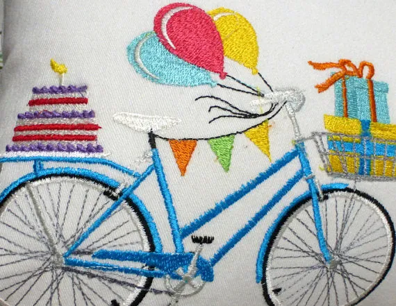 Birthday Bicycle Pillow cover, Embroidered bicycle pillow