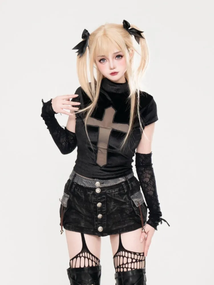 Black Gothic Cross Cut-Out T-Shirt