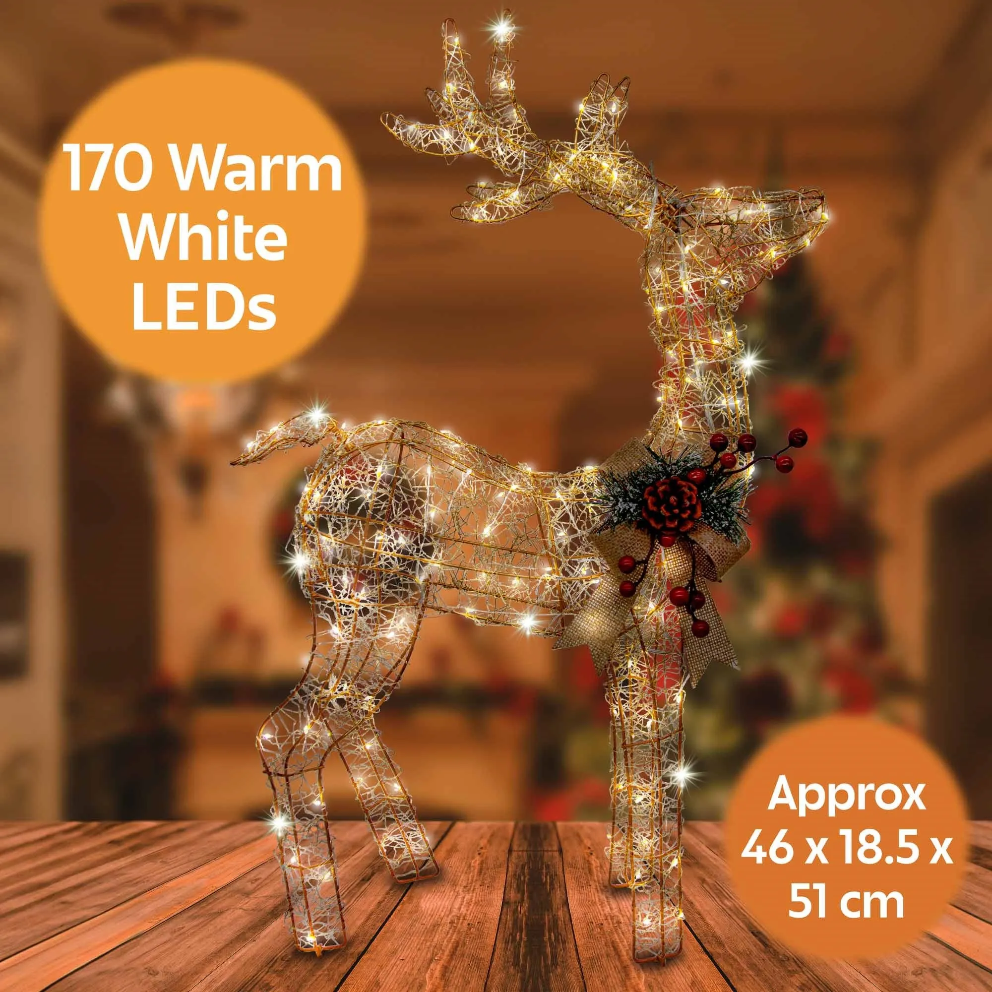 Christmas Sparkle Rattan Reindeer with Champagne Bow with 170 Warm White Lights - Gold