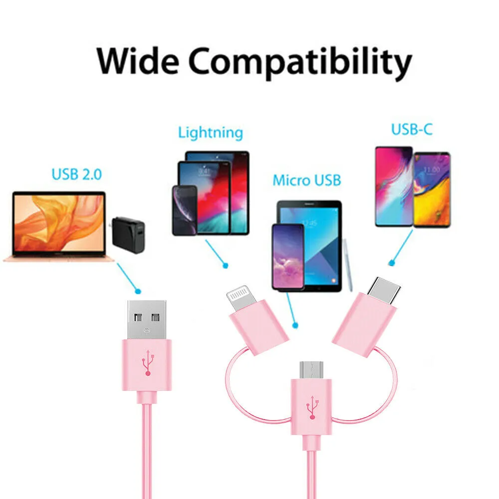 Cirago 4Ft 3 in 1 Sync/Charge Cable with Lightning, USB-C, Micro USB Connectors