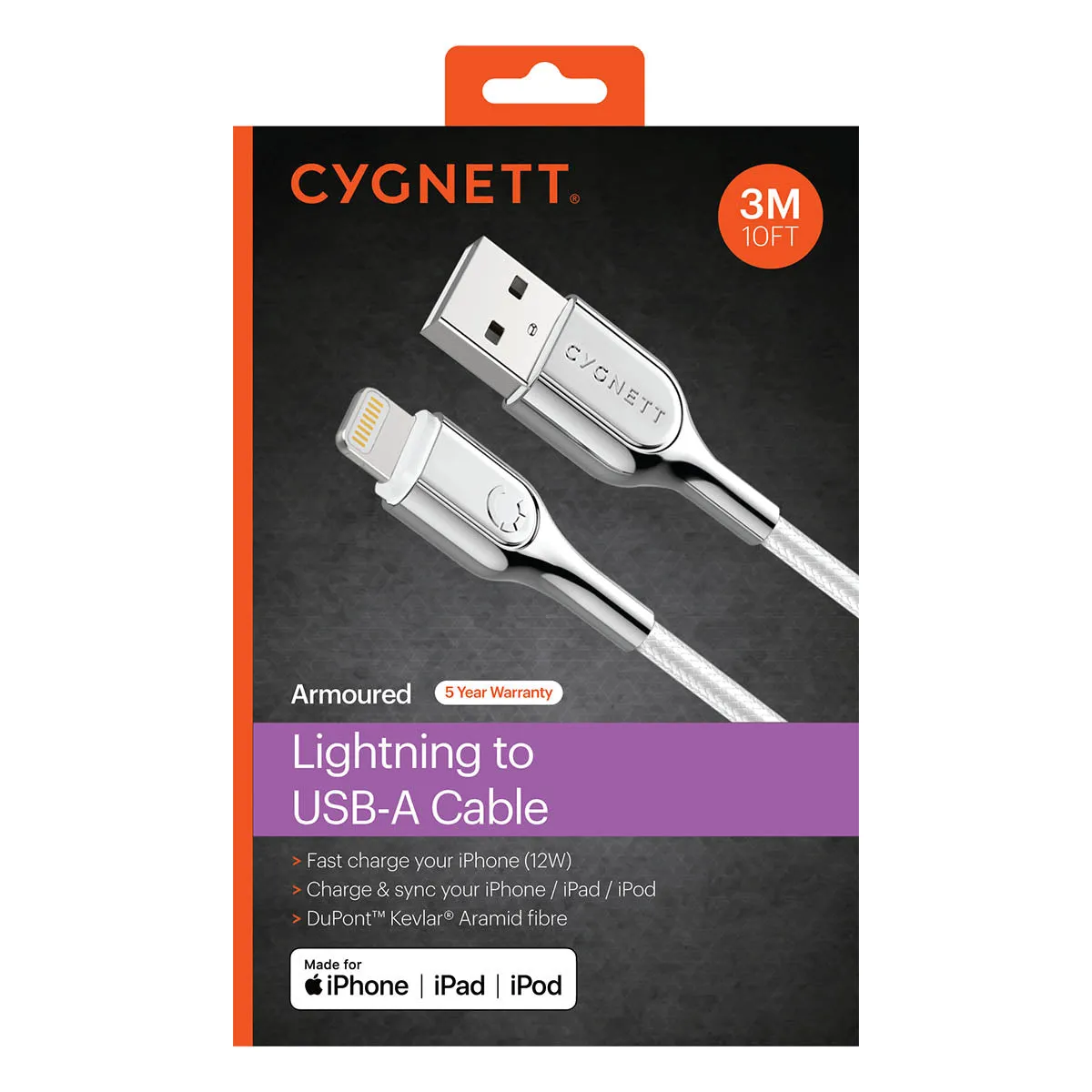 Cygnett Armoured Lightning To USB-A Cable 3M - White