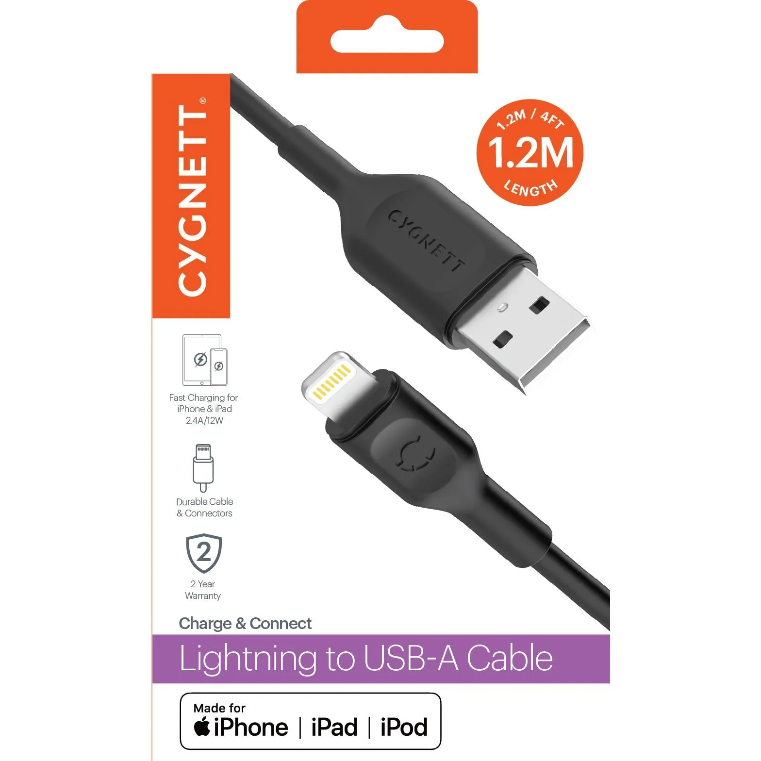 Cygnett Charge & Connect Lightning to USB-A Cable 1.2m (Black)