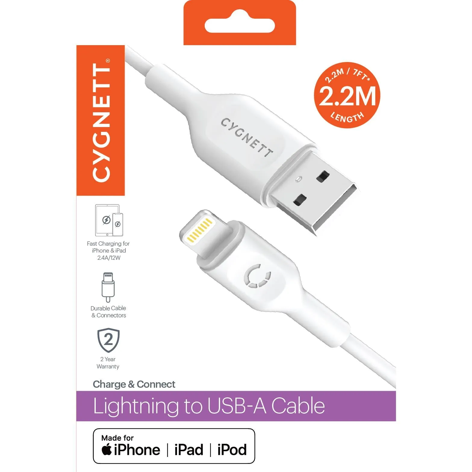 Cygnett Charge & Connect Lightning to USB-A Cable 2.2m (White)