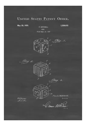 Dice Patent Print 1925 - Dice Poster, Game Room Decor, Game Night, Board Game Patent, Game Room Art, Vintage Games, Game Patent, Dice Game