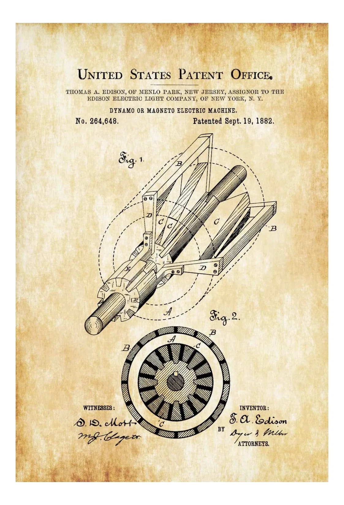 Edison Dynamo Electric Generator Patent 1882 - Patent Prints, Edison Patent, Thomas A. Edison, Thomas Edison Patent, Electricity, Edison Art