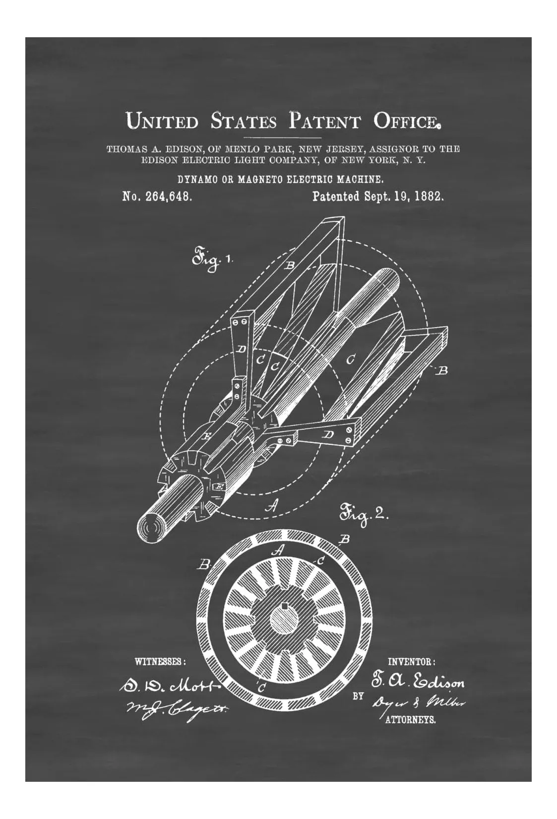 Edison Dynamo Electric Generator Patent 1882 - Patent Prints, Edison Patent, Thomas A. Edison, Thomas Edison Patent, Electricity, Edison Art
