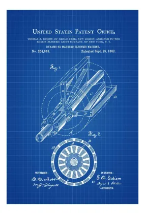 Edison Dynamo Electric Generator Patent 1882 - Patent Prints, Edison Patent, Thomas A. Edison, Thomas Edison Patent, Electricity, Edison Art