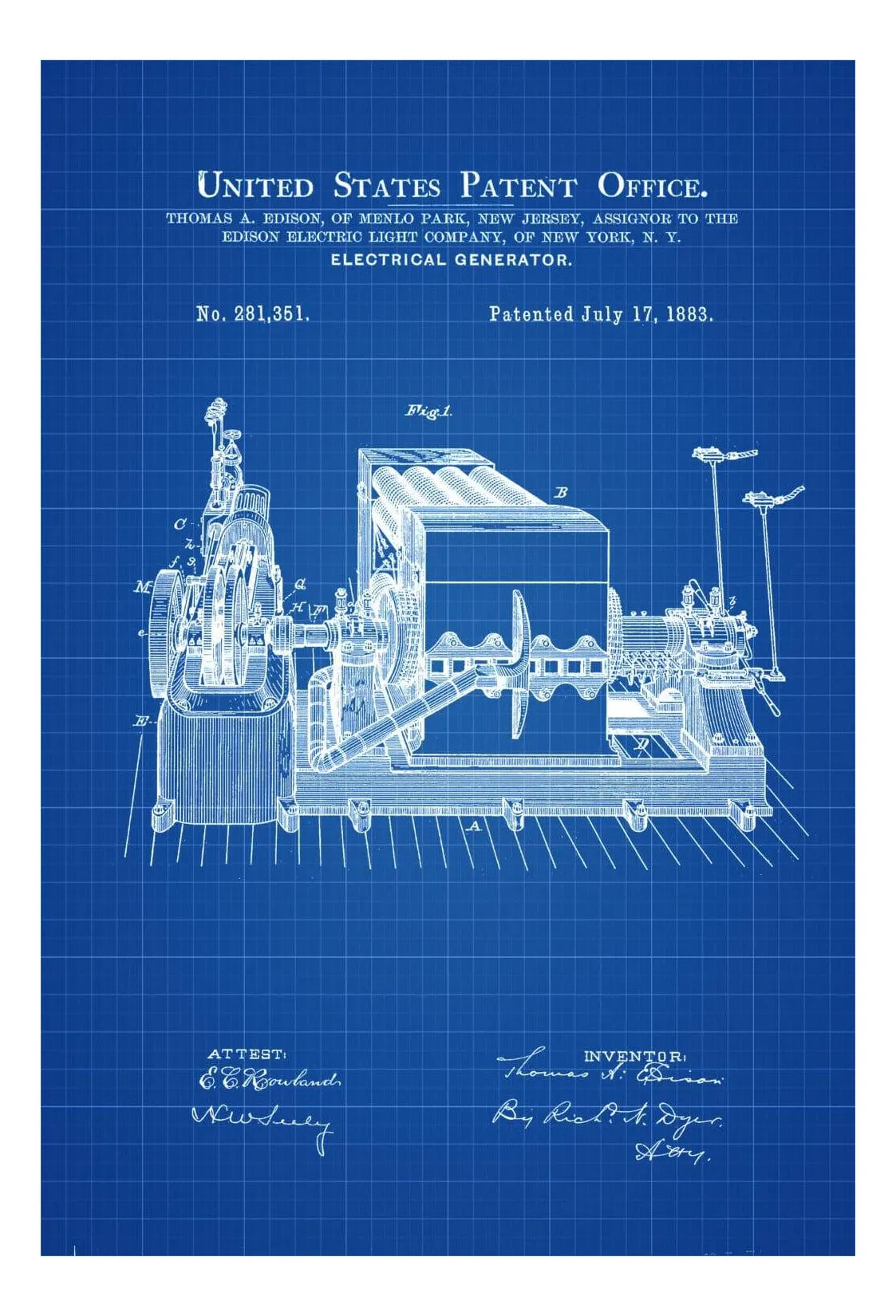 Edison Electric Generator Patent 1883 - Patent Print, Edison Patent, Thomas A. Edison, Thomas Edison Patent, Technology Patent, Electricity
