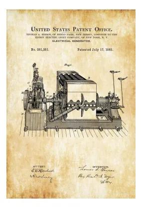 Edison Electric Generator Patent 1883 - Patent Print, Edison Patent, Thomas A. Edison, Thomas Edison Patent, Technology Patent, Electricity