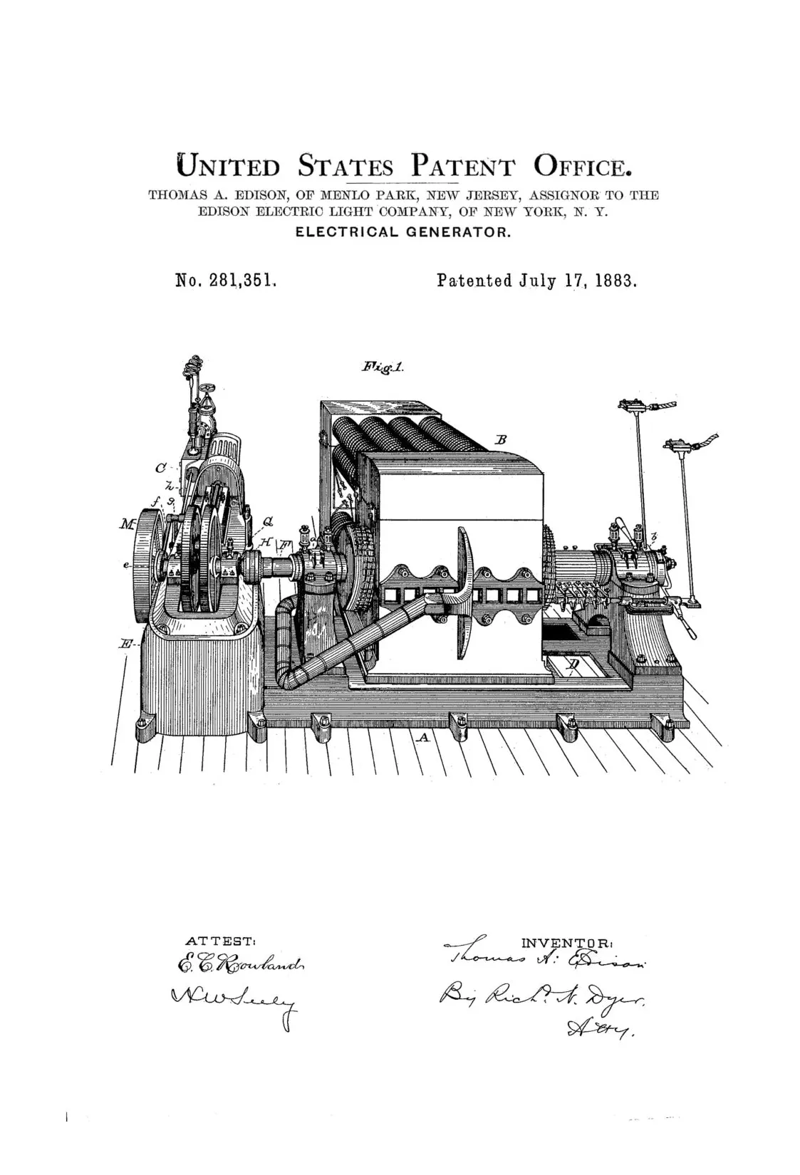 Edison Electric Generator Patent 1883 - Patent Print, Edison Patent, Thomas A. Edison, Thomas Edison Patent, Technology Patent, Electricity