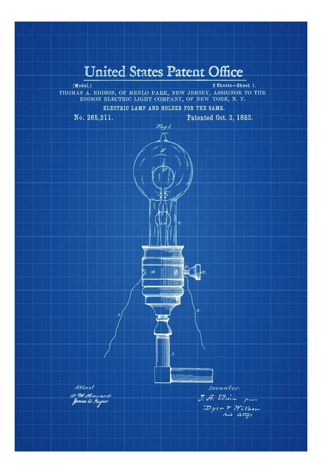 Edison Electric Lamp and Holder Patent 1882 - Light Bulb, Edison Patent, Edison Invention, Kitchen Decor, Patent Prints, Wall Decor