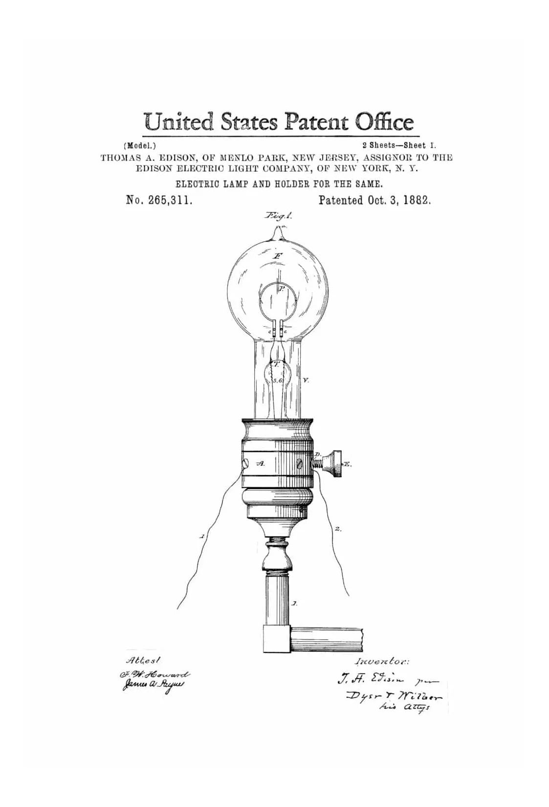 Edison Electric Lamp and Holder Patent 1882 - Light Bulb, Edison Patent, Edison Invention, Kitchen Decor, Patent Prints, Wall Decor