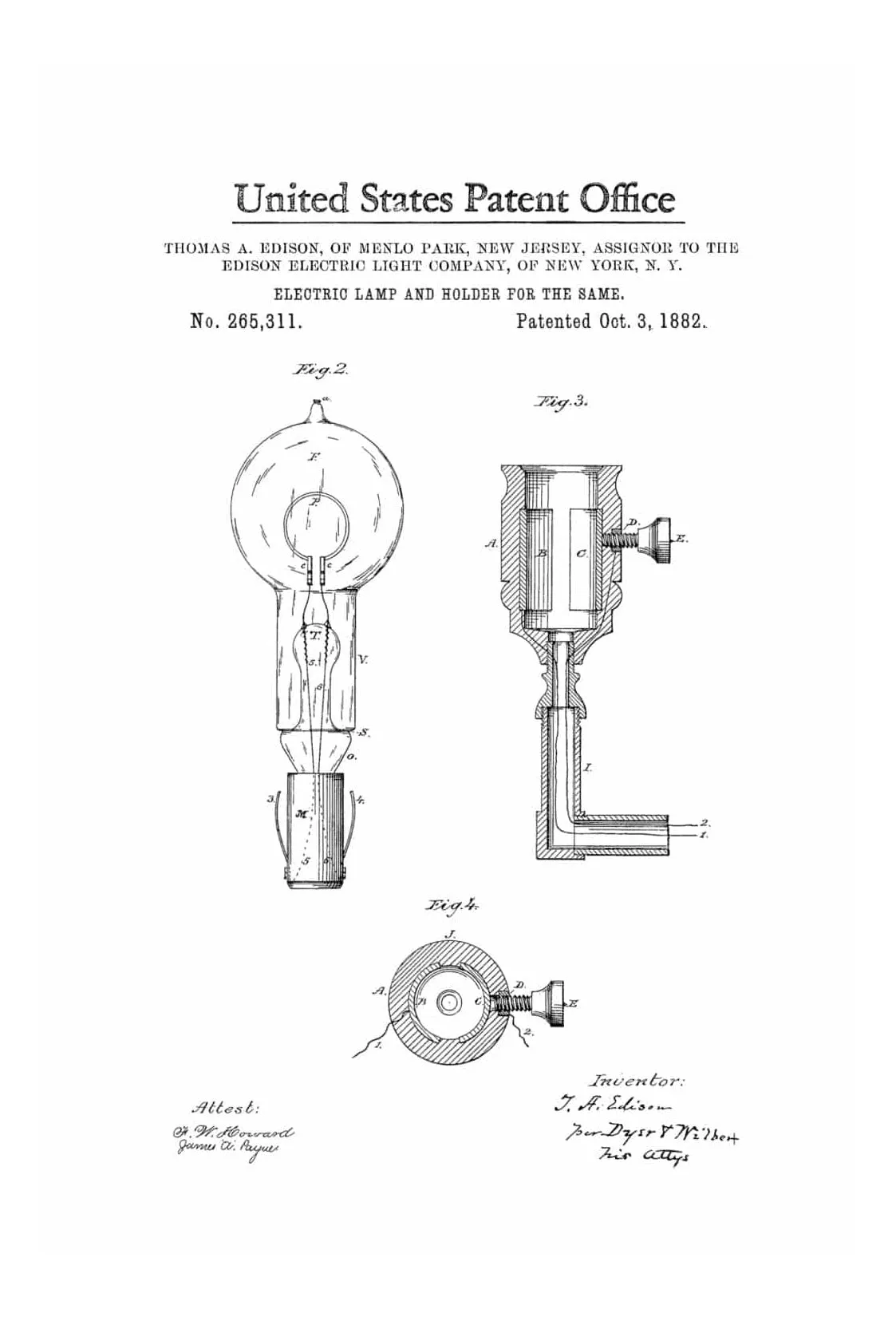 Edison Light Bulb and Holder Patent 1882 - Light Bulb, Edison Patent, Edison Invention, Patent Prints, Kitchen Decor, Wall Decor