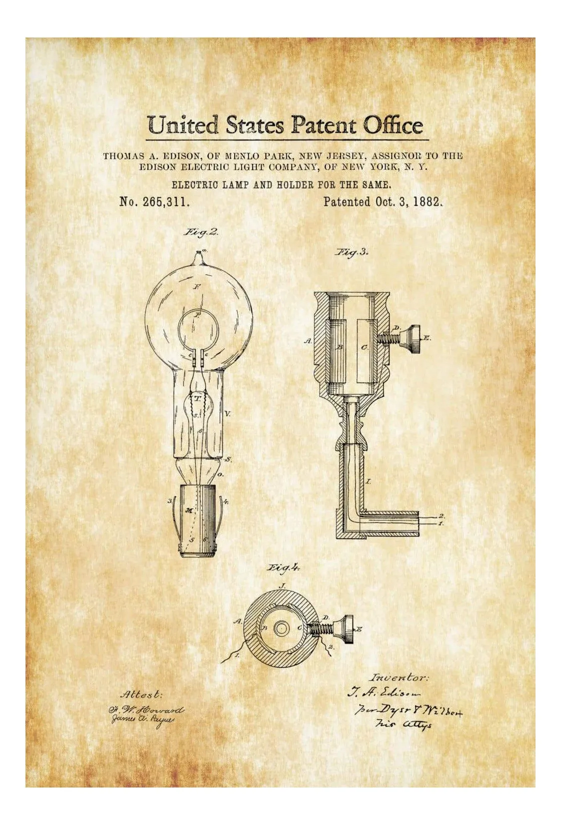 Edison Light Bulb and Holder Patent 1882 - Light Bulb, Edison Patent, Edison Invention, Patent Prints, Kitchen Decor, Wall Decor