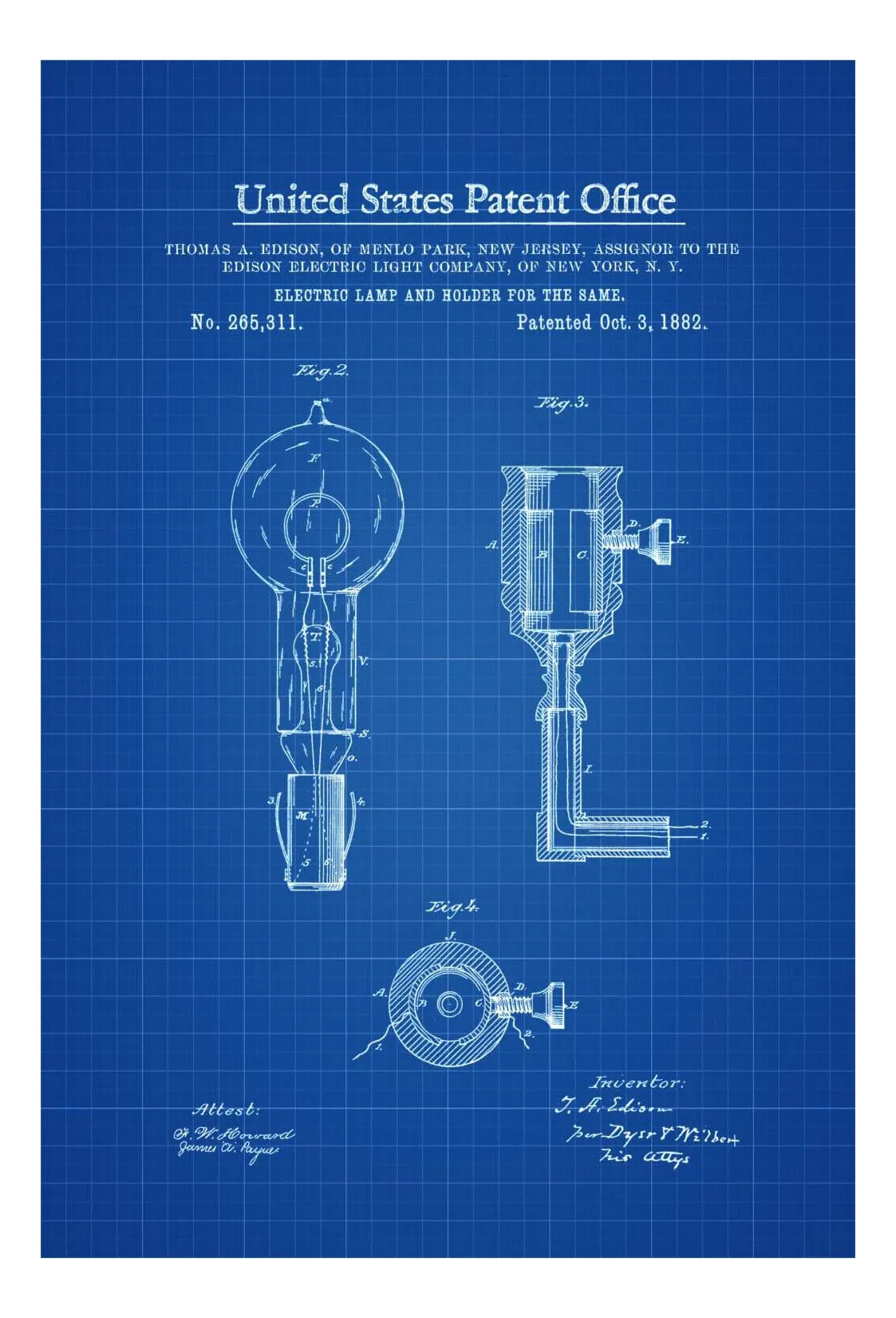 Edison Light Bulb and Holder Patent 1882 - Light Bulb, Edison Patent, Edison Invention, Patent Prints, Kitchen Decor, Wall Decor