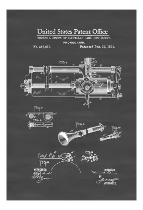Edison Phonograph Patent 1891 - Patent Print, Edison Invention, Gramophone Poster, Home Theater Decor, Music Buff, Vintage Record Player