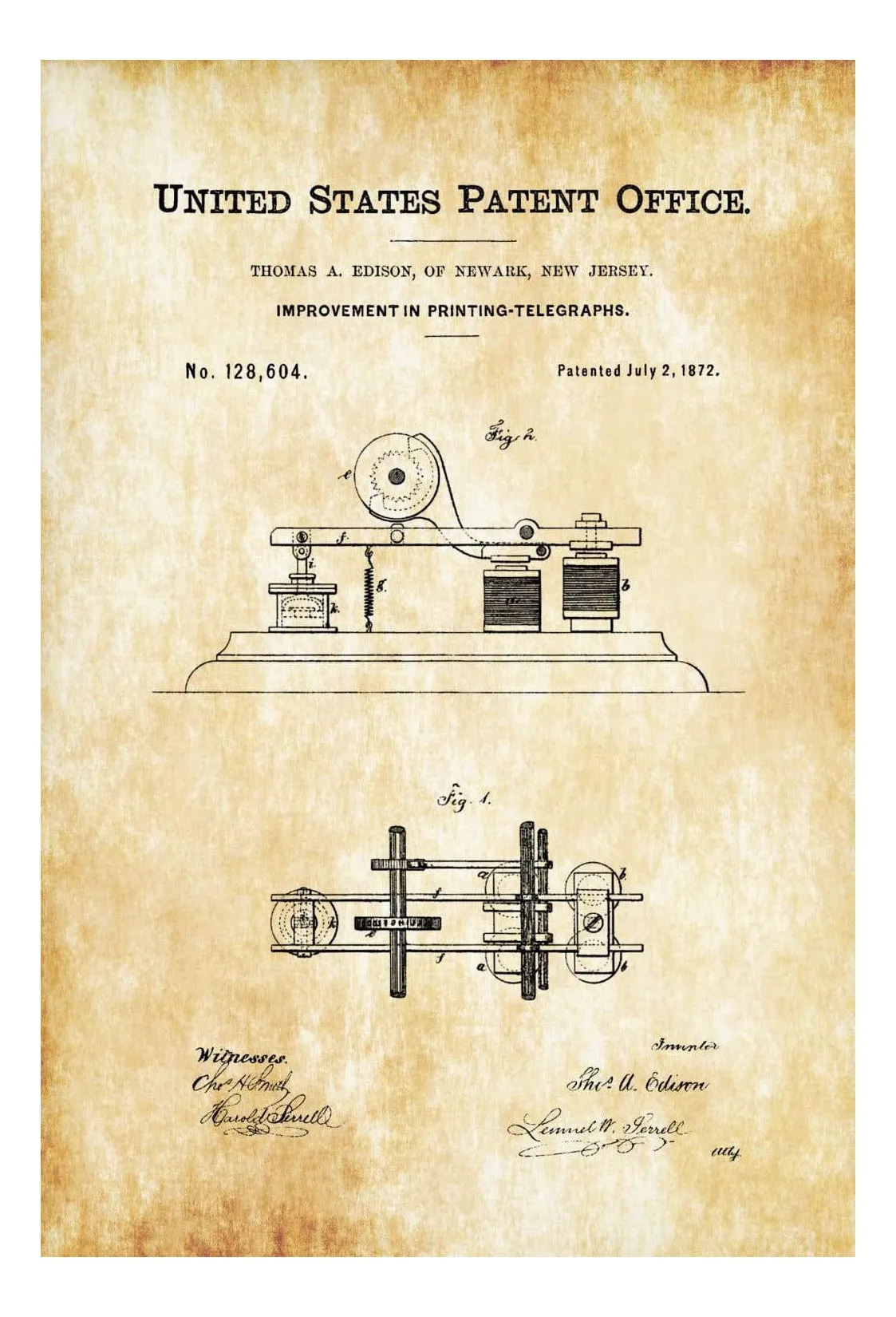 Edison Telegraph Patent 1872 - Patent Prints, Telegraph Poster, Office Decor, Geek Gift, Edison Patent, Edison Art, Edison Inventions