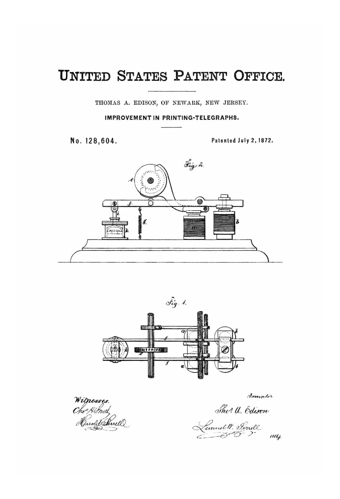 Edison Telegraph Patent 1872 - Patent Prints, Telegraph Poster, Office Decor, Geek Gift, Edison Patent, Edison Art, Edison Inventions