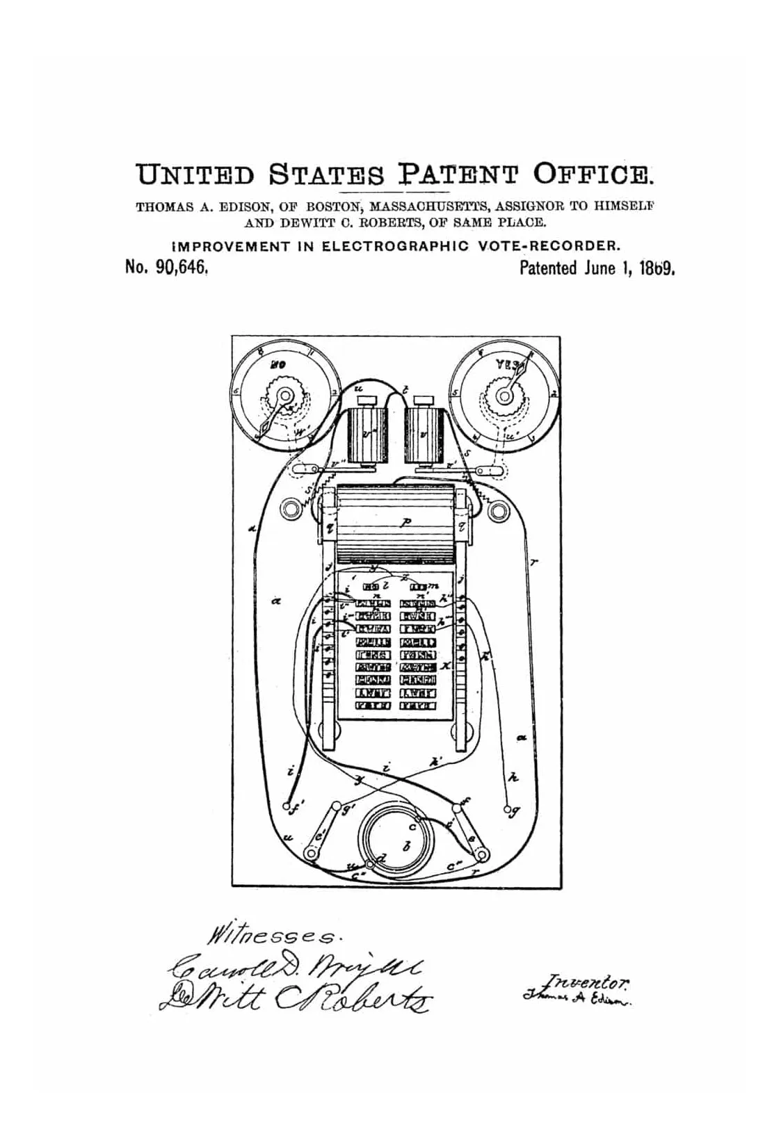 Edison Voting Machine Patent 1869 - Patent Print, Edison Patent, Thomas A. Edison, Thomas Edison Patent, , Political Poster, Political Art