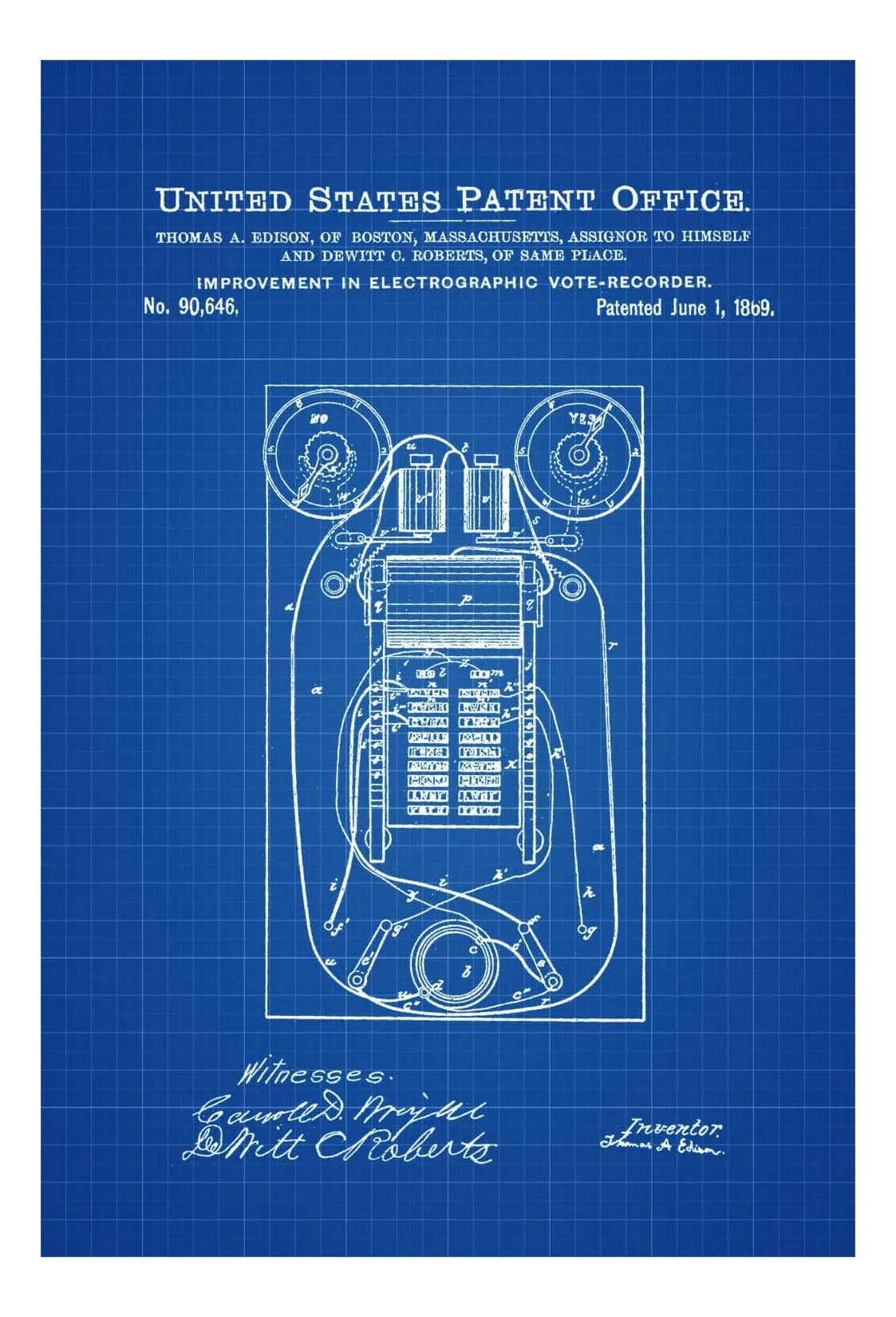 Edison Voting Machine Patent 1869 - Patent Print, Edison Patent, Thomas A. Edison, Thomas Edison Patent, , Political Poster, Political Art