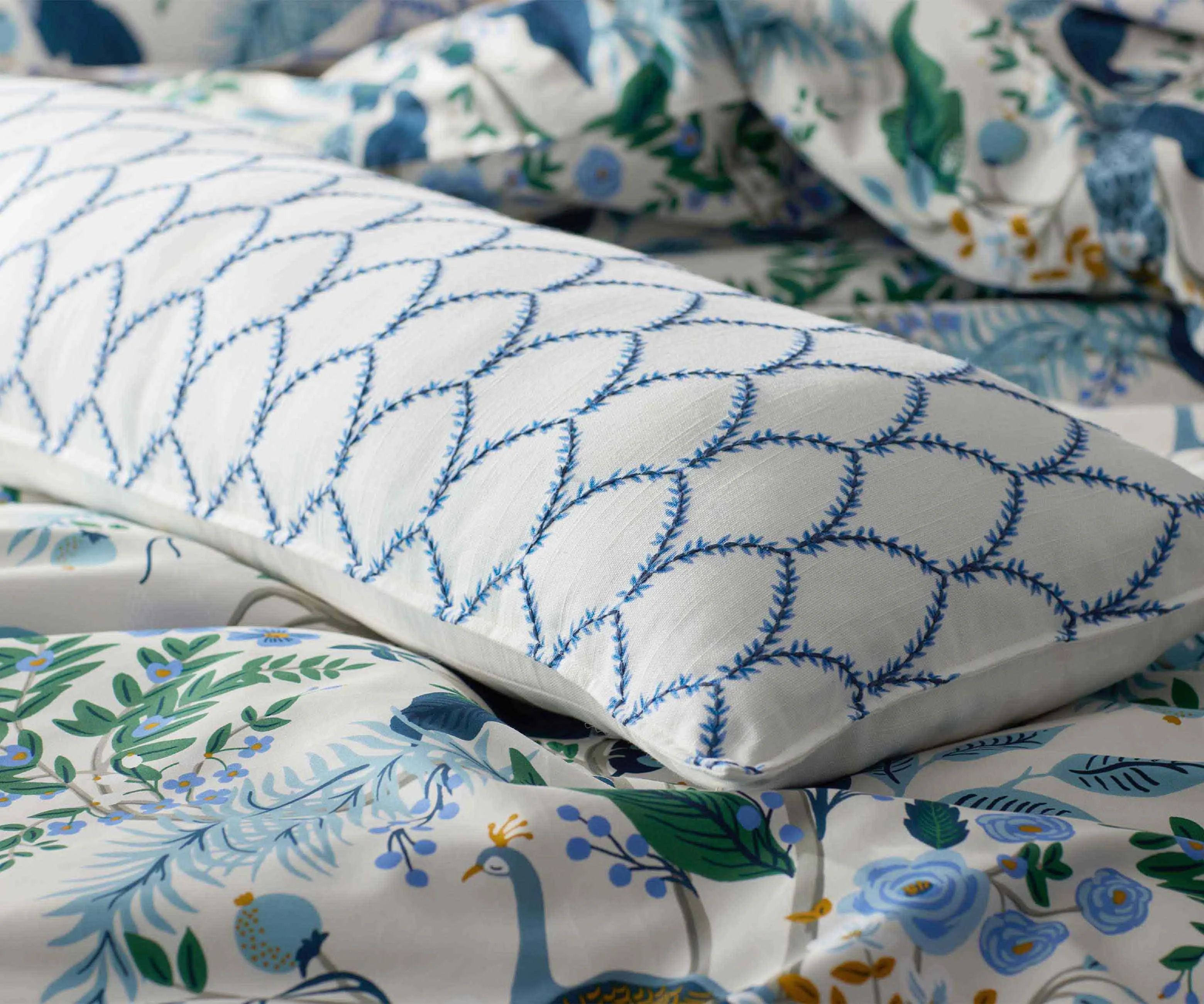 Embroidered Lumbar Pillow Cover - Laurel Blue
