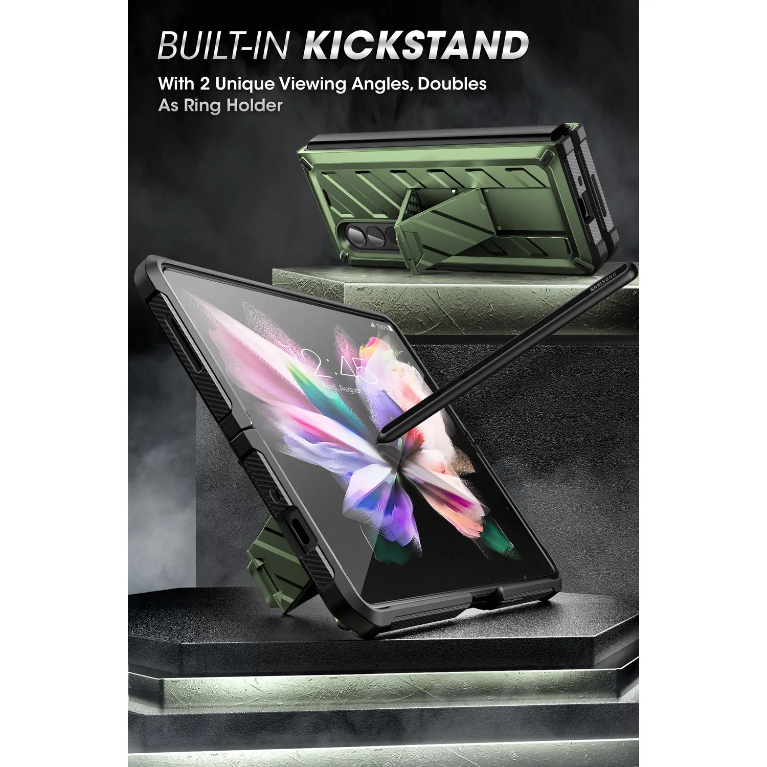 Galaxy Z Fold3 Unicorn Beetle Kickstand Case with Screen Protector-Dark Green