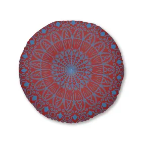 Handmade Mandala Art Floor Cushion - Steel Blue on Brown - Tufted Round