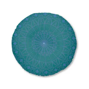 Handmade Mandala Art Floor Cushion - Steel Blue on Teal - Round