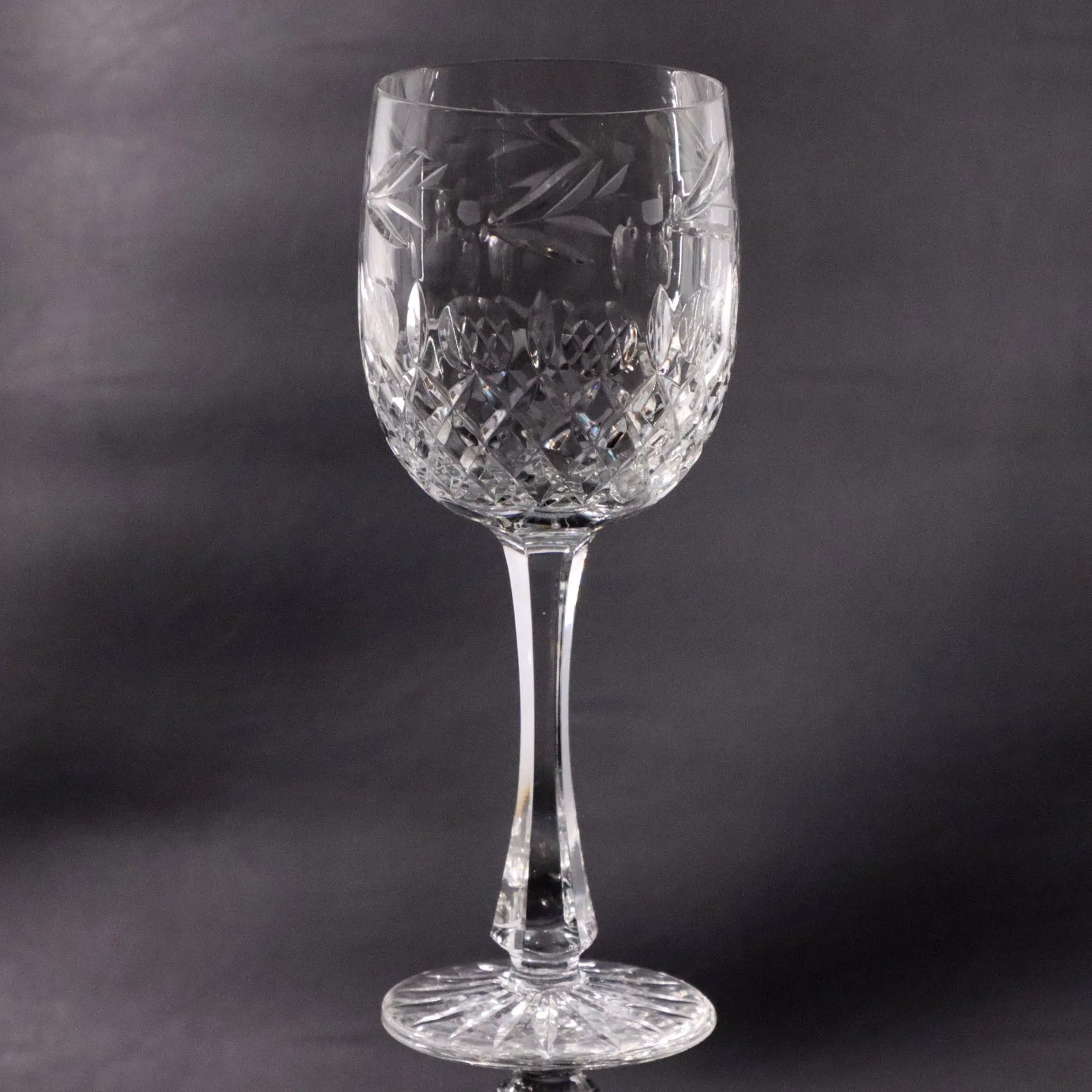 Hungary Cut Crystal 9" Water Goblet Etched Glass Floral Laurel Cross Cut Vintage