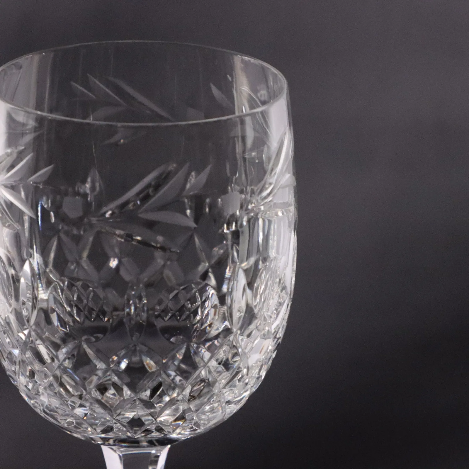 Hungary Cut Crystal 9" Water Goblet Etched Glass Floral Laurel Cross Cut Vintage