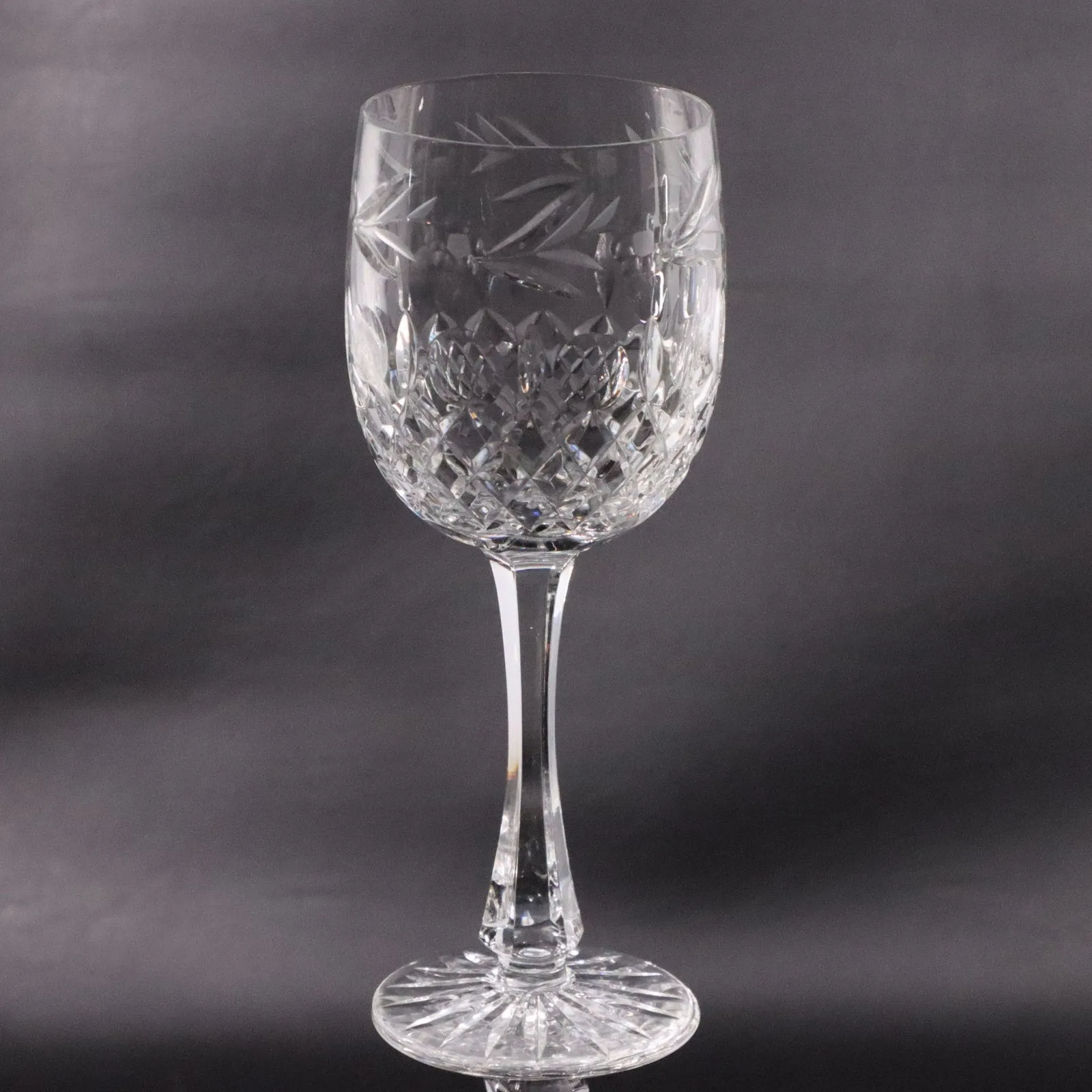 Hungary Cut Crystal 9" Water Goblet Etched Glass Floral Laurel Cross Cut Vintage
