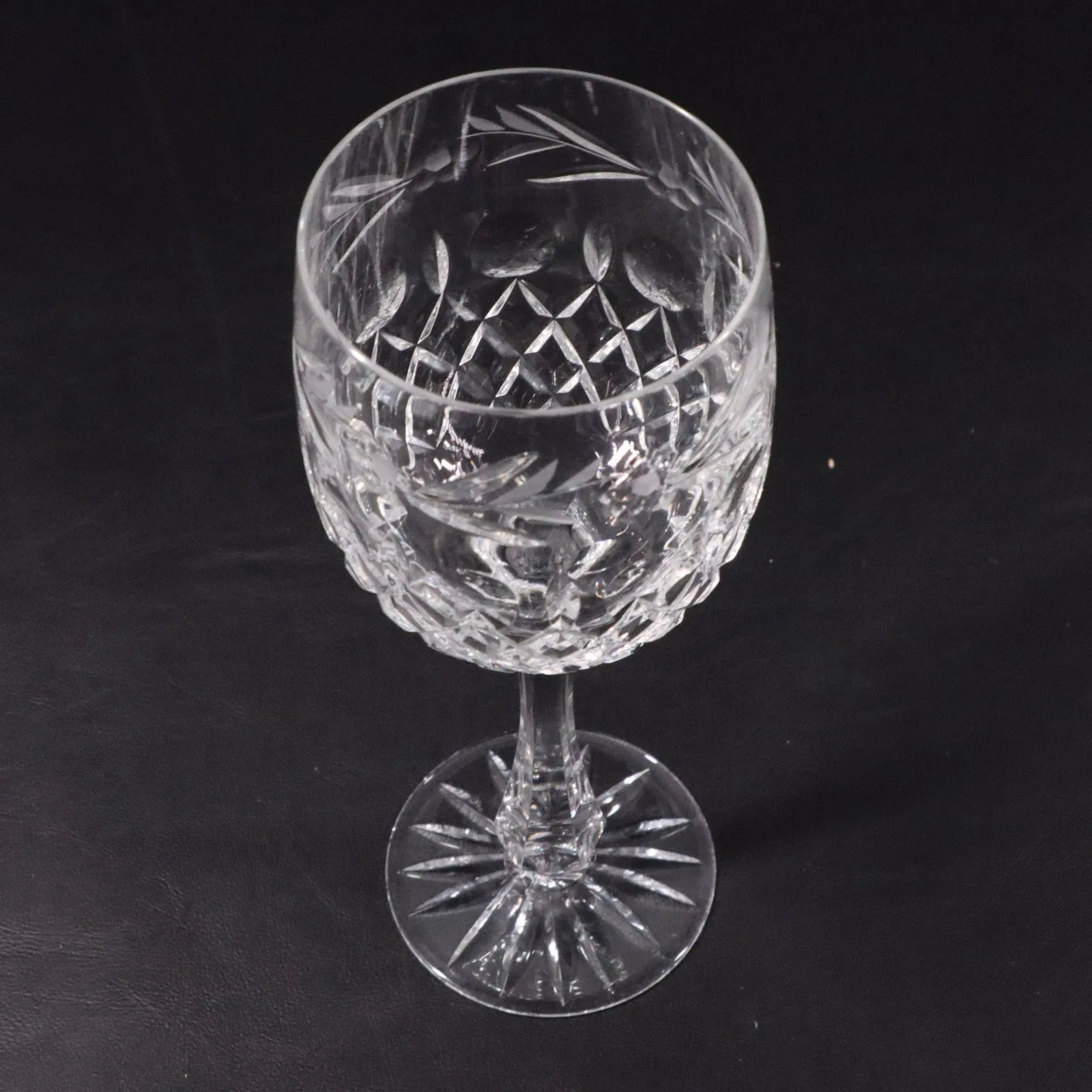 Hungary Cut Crystal 9" Water Goblet Etched Glass Floral Laurel Cross Cut Vintage