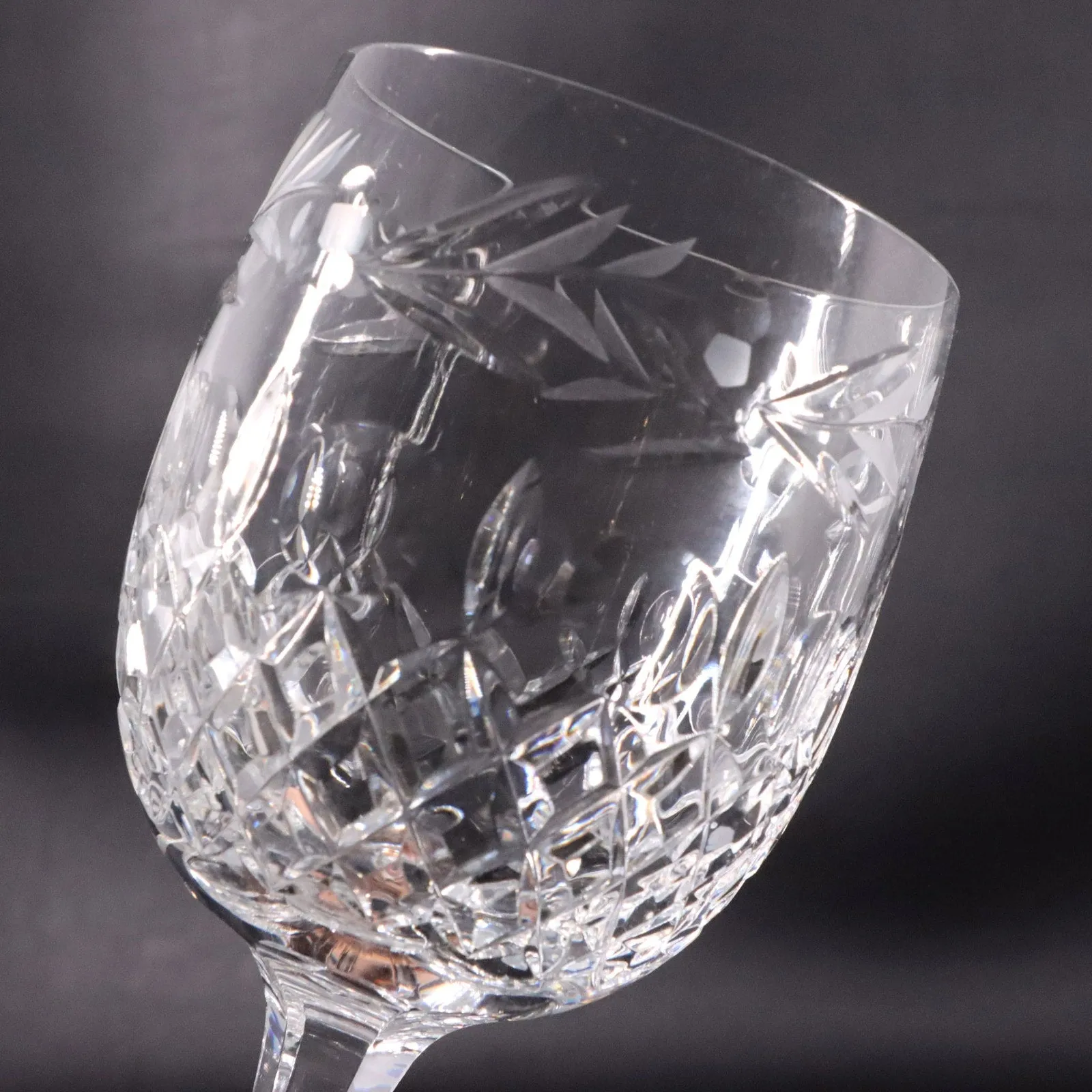 Hungary Cut Crystal 9" Water Goblet Etched Glass Floral Laurel Cross Cut Vintage