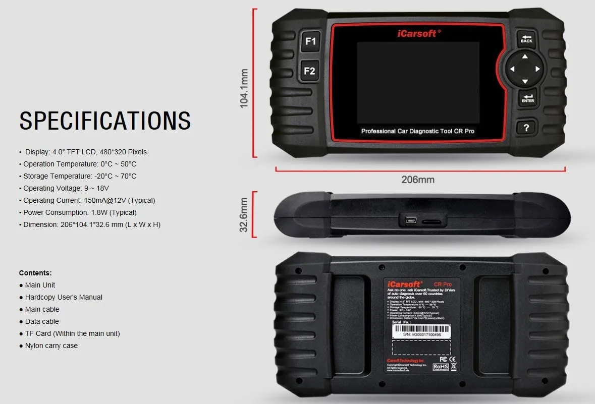 iCarsoft CR PRO Diagnostic Tool All Makes All Systems OBD1/OBD2