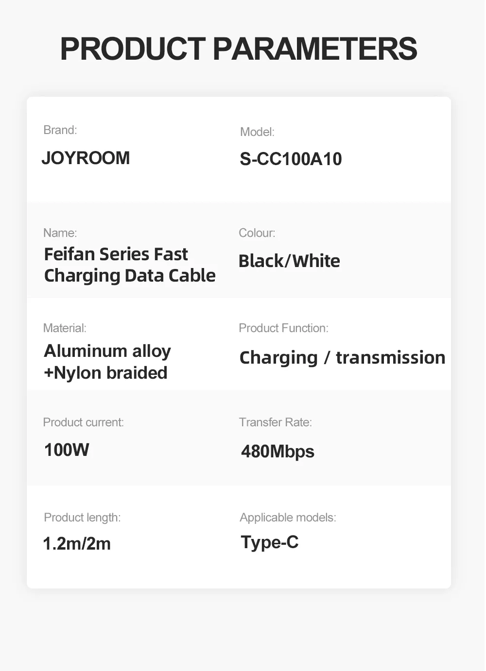 Joyroom S-CC100A10 | Type-C to Type-C Mobile Cable | Fast Charge 100W PD